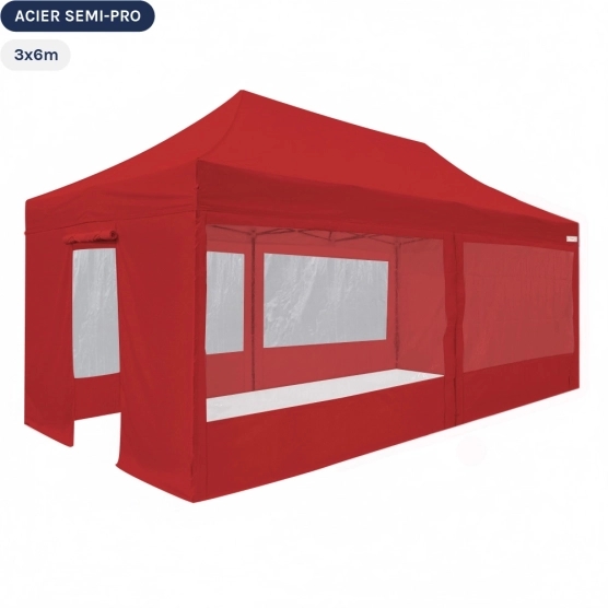 Tente Pliante Tonnelle Acier Semi Pro 3mx6m ROUGE avec Pack Fenêtres