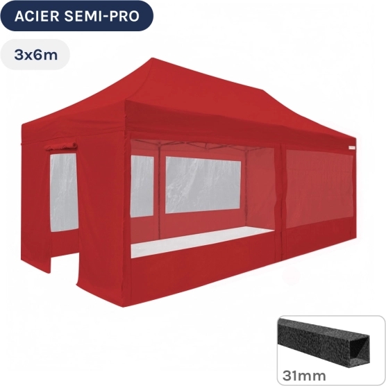 Barnum pliant - Tonnelle Acier Semi Pro 3mx6m ROUGE avec Pack Fenêtres