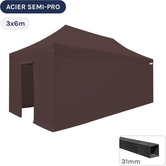 Barnum pliant - Tonnelle Acier Semi Pro 3mx6m BRUN CACAO avec Pack 4 Côtés