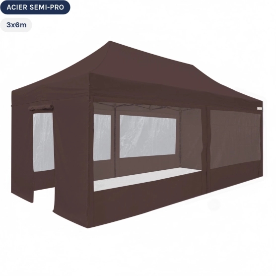 Tente Pliante  Tonnelle Acier Semi Pro 3mx6m BRUN CACAO avec Pack Fenêtres
