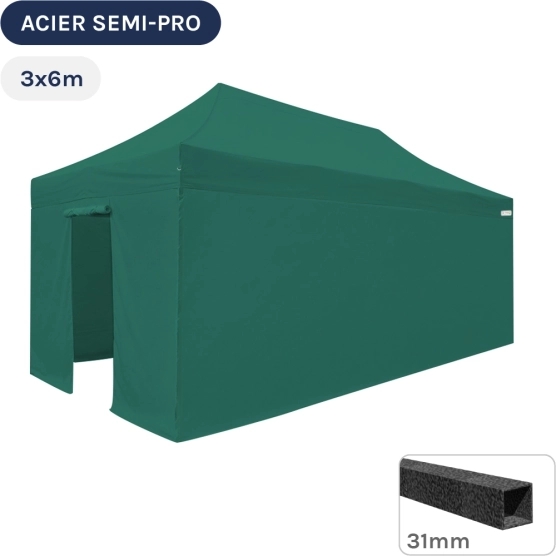 Barnum pliant - Tonnelle Acier Semi Pro 3mx6m VERT EMERAUDE avec Pack 4 Côtés