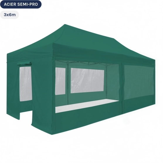 Tente Pliante Tonnelle Acier Semi Pro 3mx6m VERT EMERAUDE avec Pack Fenêtres