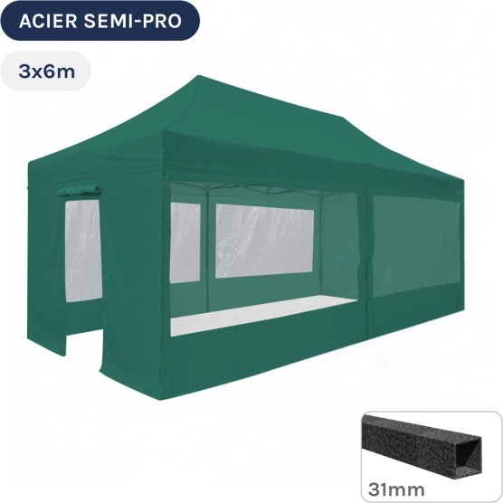 Barnum pliant - Tonnelle Acier Semi Pro 3mx6m VERT EMERAUDE avec Pack Fenêtres