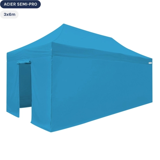 Tente Pliante Tonnelle Acier Semi Pro 3mx6m BLEU AZUR avec Pack 4 Côtés