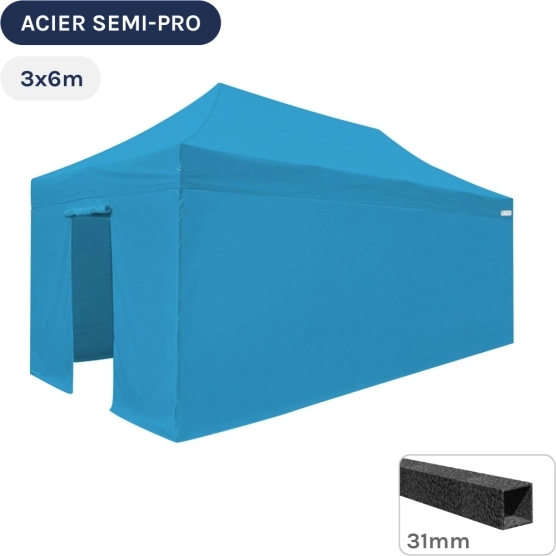 Barnum pliant - Tonnelle Acier Semi Pro 3mx6m BLEU AZUR avec Pack 4 Côtés