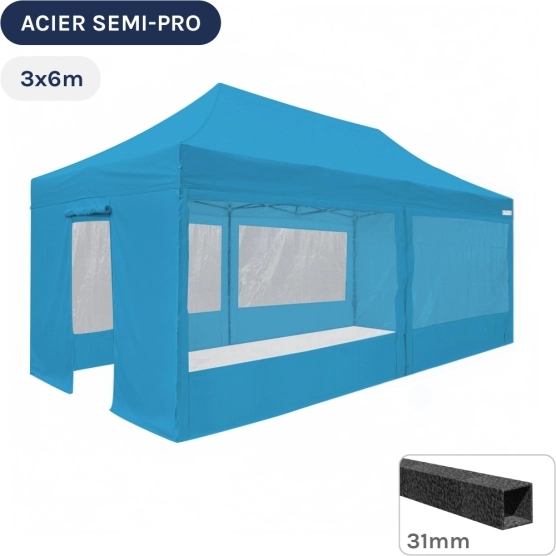 Barnum pliant - Tonnelle Acier Semi Pro 3mx6m BLEU AZUR avec Pack Fenêtres