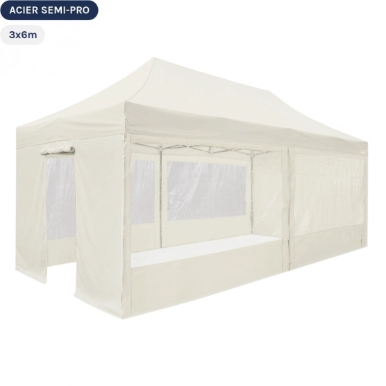 Tente Pliante Tonnelle Acier Semi Pro 3mx6m BEIGE avec Pack Fenêtres