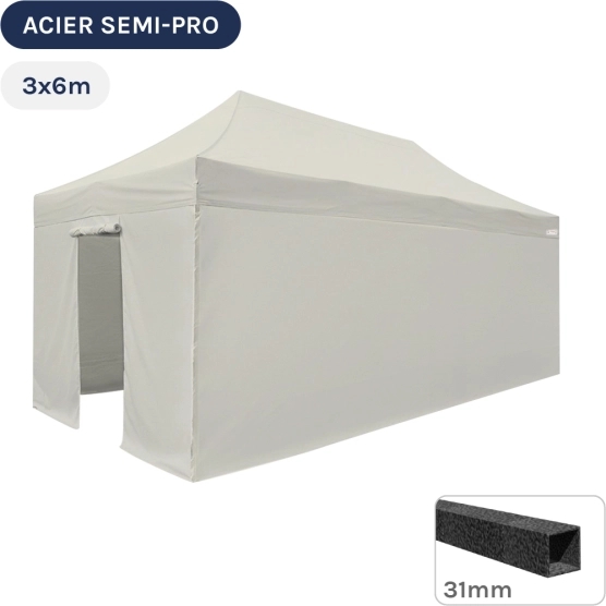Barnum pliant - Tonnelle Acier Semi Pro 3mx6m BEIGE avec Pack 4 Côtés