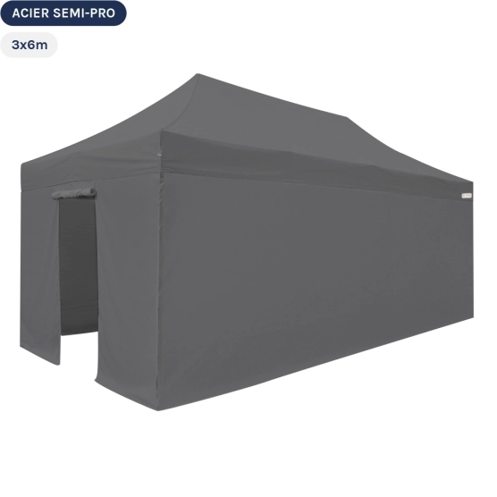Tente Pliante Tonnelle Acier Semi Pro 3mx6m GRIS avec Pack 4 Côtés