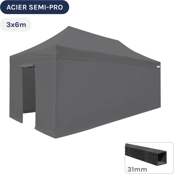Barnum pliant - Tonnelle Acier Semi Pro 3mx6m GRIS avec Pack 4 Côtés