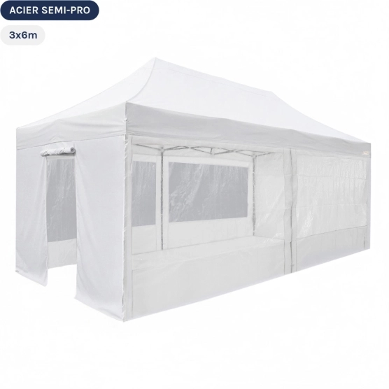Tente Pliante Tonnelle Acier Semi Pro 3mx6m BLANC avec Pack Fenêtres