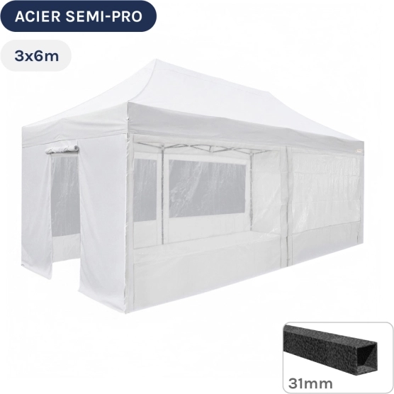 Barnum pliant - Tonnelle Acier Semi Pro 3mx6m BLANC avec Pack Fenêtres