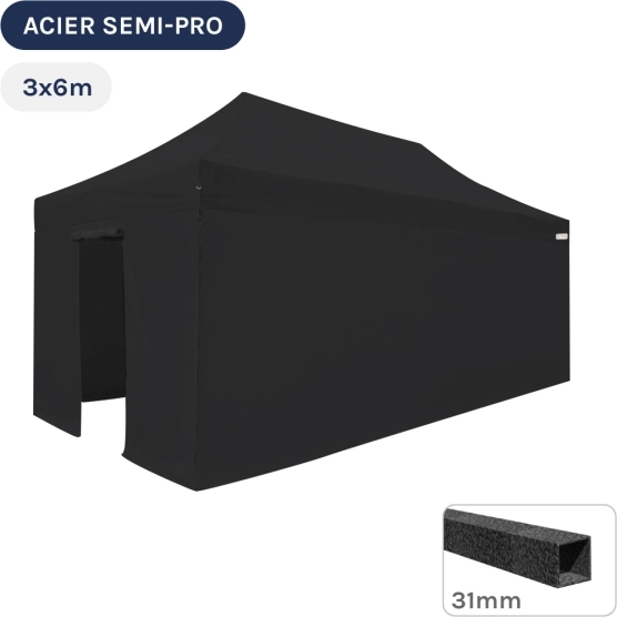 Barnum pliant - Tonnelle Acier Semi Pro 3mx6m NOIR avec Pack 4 Côtés