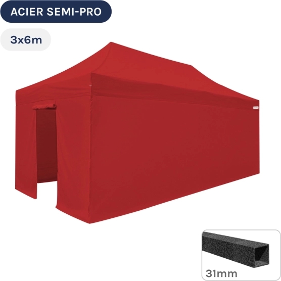 Barnum pliant - Tonnelle Acier Semi Pro 3mx6m ROUGE avec Pack 4 Côtés