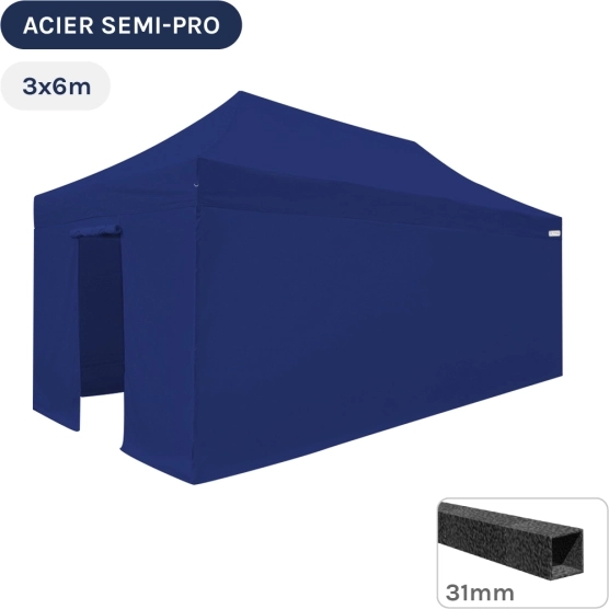 Barnum pliant - Tonnelle Acier Semi Pro 3mx6m BLEU avec Pack 4 Côtés