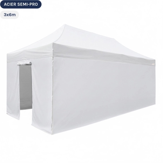 Tente Pliante Tonnelle Acier Semi Pro 3mx6m BLANC avec Pack 4 Côtés