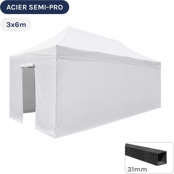 Barnum pliant - Tonnelle Acier Semi Pro 3mx6m BLANC avec Pack 4 Côtés