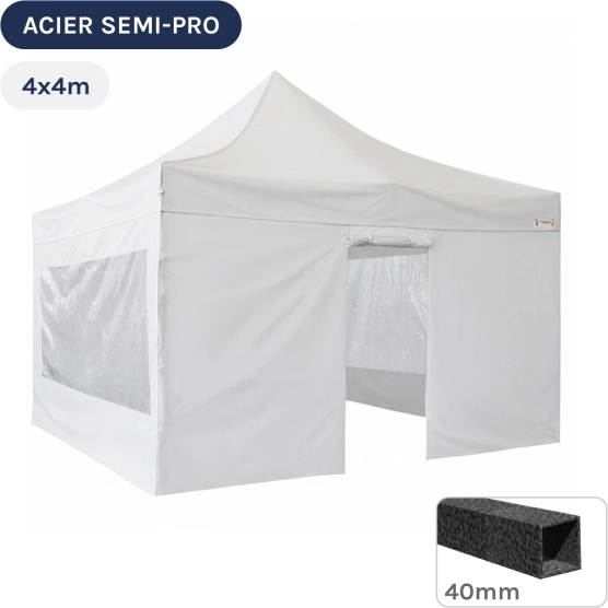 Barnum pliant - Tonnelle Acier Semi Pro 4mx4m BLANC avec Pack Fenêtres