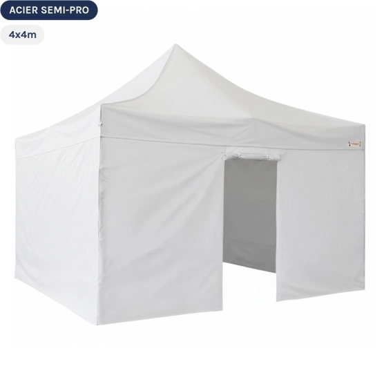 Tente Pliante Tonnelle Acier Semi Pro 4mx4m BLANC avec Pack Murs