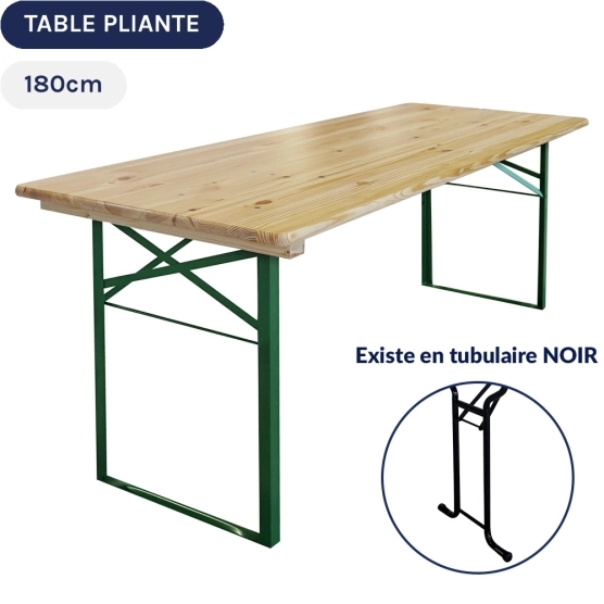 Table de brasserie en bois de 180cm  de longueur avec piétement au choix cornière vert ou tubulaire noir