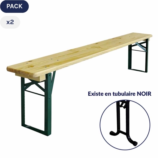 Bancs brasserie en bois de 180x25cm avec piétement au choix : tubulaire noir ou en cornière vert
