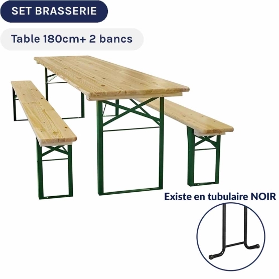 Lot composé d'une table et de deux bancs de brasserie en bois de 180cm de longueur, deux modèles au choix