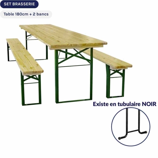 Lot d'une table et de deux bancs en bois style brasserie de 180cm de longueur avec piétement cornière vert