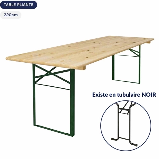 Table de brasserie en pin européen et acier avec pieds verts rabattables de forme cornière
