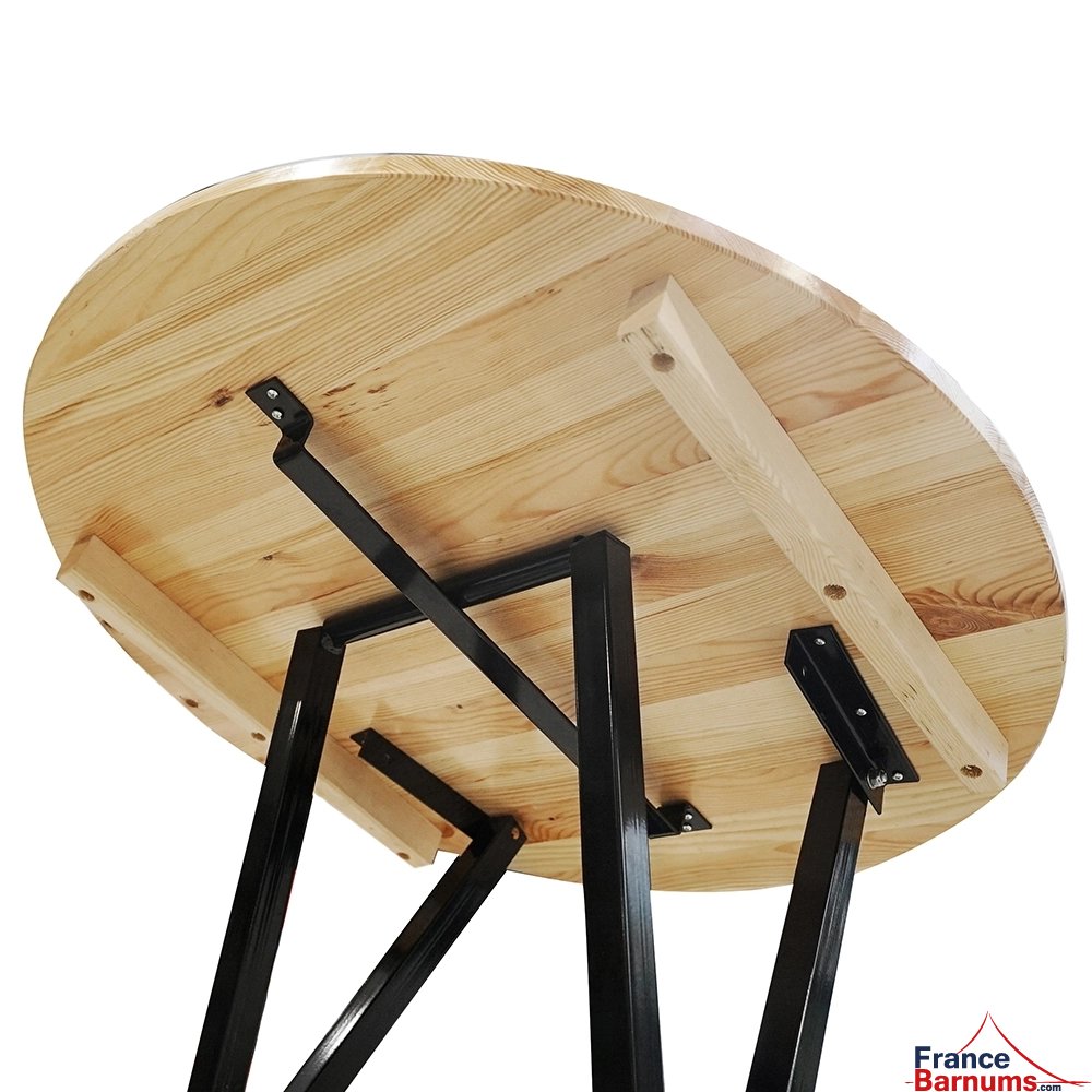 Cette table haute pliante en bois se monte en un clin d'oeil