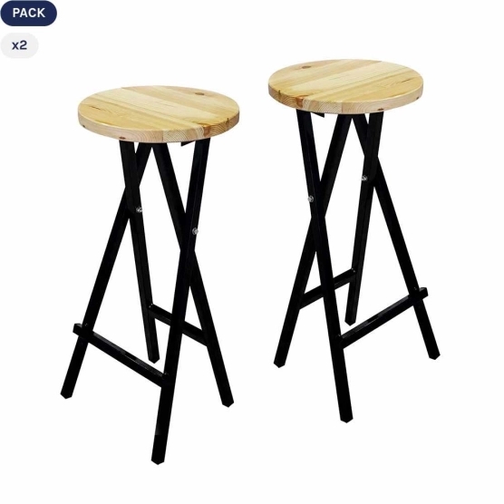 Lot de 2 tabourets hauts pliants style brasserie en bois et acier