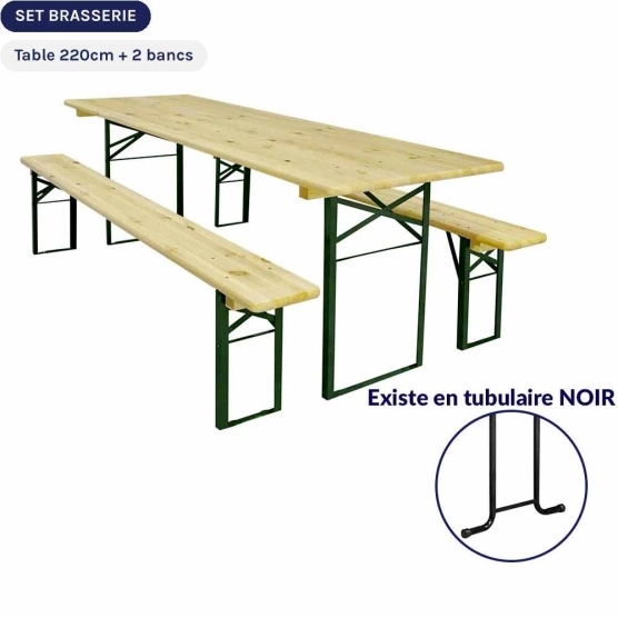 Lot d'une table et de deux bancs en bois style brasserie de 220cm de longueur avec piétement cornière vert