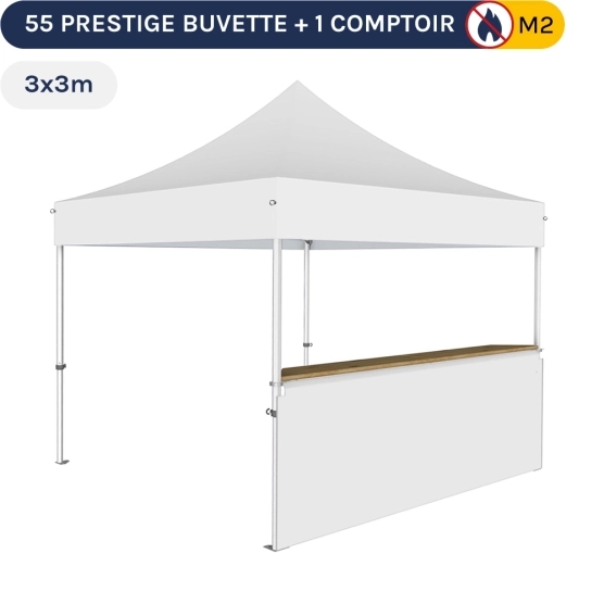 Stand buvette modulable pliant ALU PRO 55 PRESTIGE 3x3m -Blanc avec un comptoir