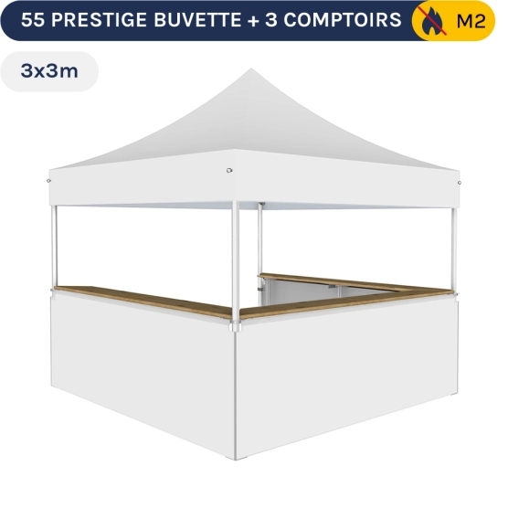 Stand buvette modulable pliant ALU PRO 55 PRESTIGE 3x3m -Blanc avec 3 comptoirs