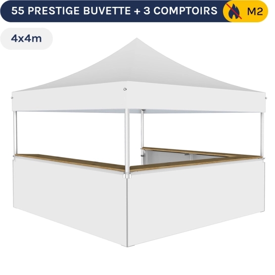 Stand buvette modulable pliant ALU PRO 55 PRESTIGE 4x4m -Blanc avec 3 comptoirs