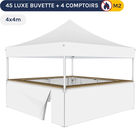Stand buvette modulable pliant ALU PRO 55 PRESTIGE 4x4m -Blanc avec 3 comptoirs