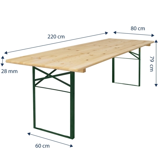 Dimensions de la table de brasserie en Pin européen et Acier avec pieds rabattables de couleur verte