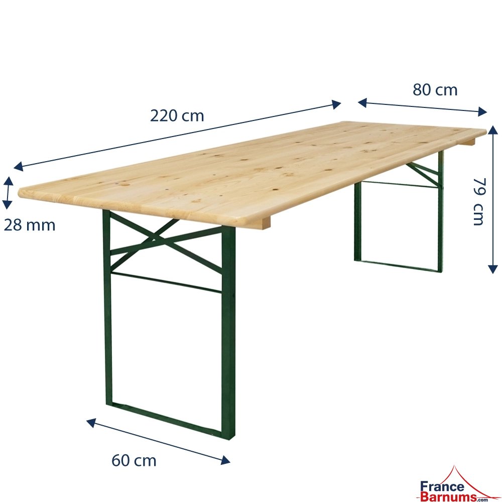 Dimensions de la table de brasserie en Pin européen et Acier avec pieds rabattables de couleur verte