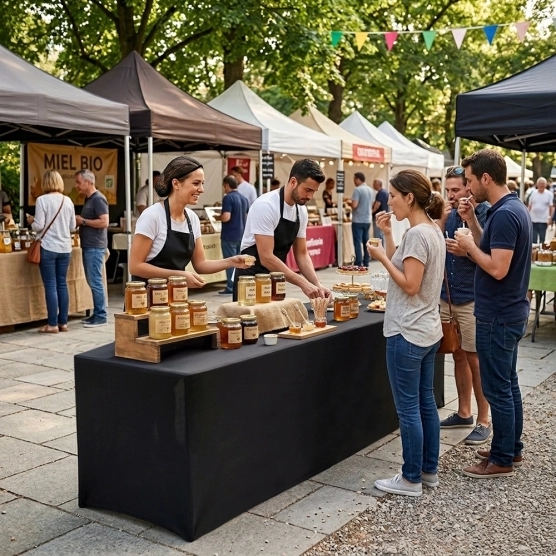Les housses pour table comptoir habillent votre présentoir avec élégance