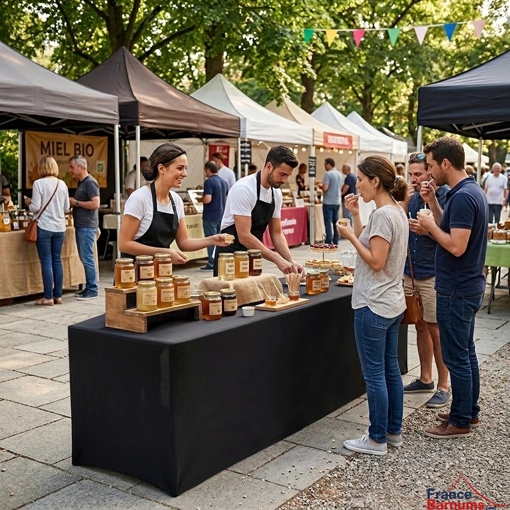 Les housses pour table comptoir habillent votre présentoir avec élégance
