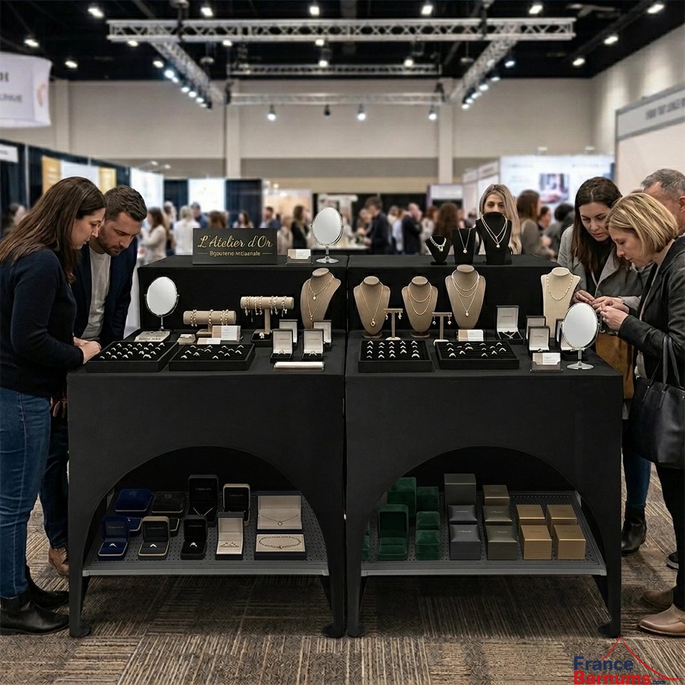 En un clin d'oeil, vos tables comptoirs présentoirs sont recouvertes et prêtes à l'emploi grâce à ces housses adaptées