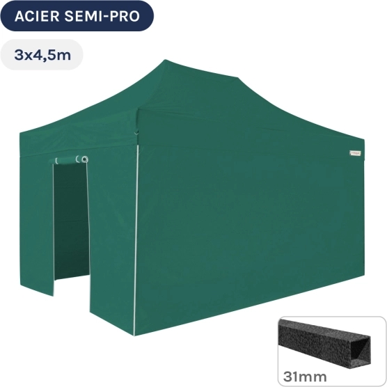 Barnum pliant - Tonnelle Acier Semi Pro 3mx4,5m VERT EMERAUDE avec Pack 4 Côtés
