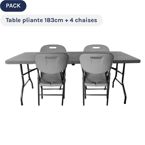 Pack Table Pliante 183cm + 4 Chaises BLANC ou GRIS | France-Barnums