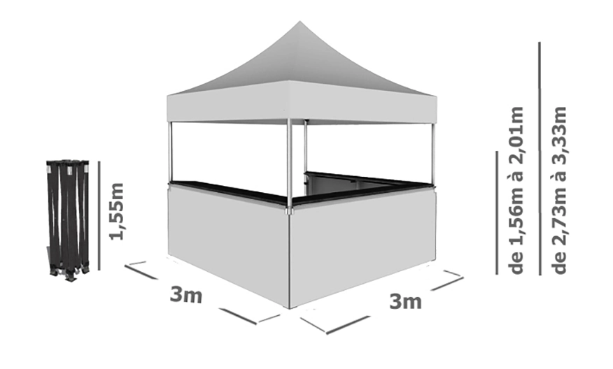 Schéma Barnum Pliant STAND BUVETTE ALU PRO 45 LUXE 3x3m avec 3 comptoirs