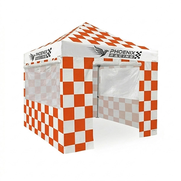 Exemple de personnalisation des bandeaux de toit du barnum Racing Orange