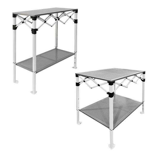 Table comptoir pliante en acier avec plateaux ajourés de 1m