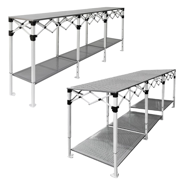 Table comptoir pliante en acier avec plateaux ajourés