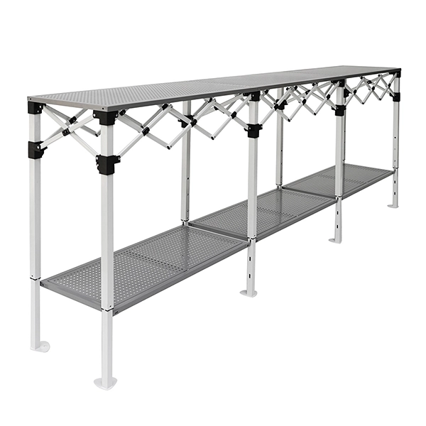 Table comptoir pliante en acier avec plateaux ajourés