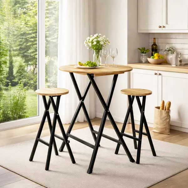 ces deux tabourets hauts sont conçus pour former un ensemble avec le mange-debout haut rond en bois