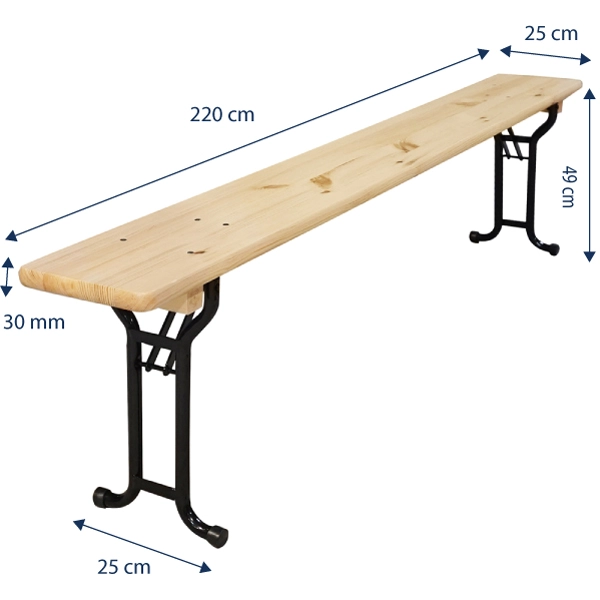 Chaque banc est de dimensions : 220cm de longueur, 25cm de largeur et 49cm de hauteur.