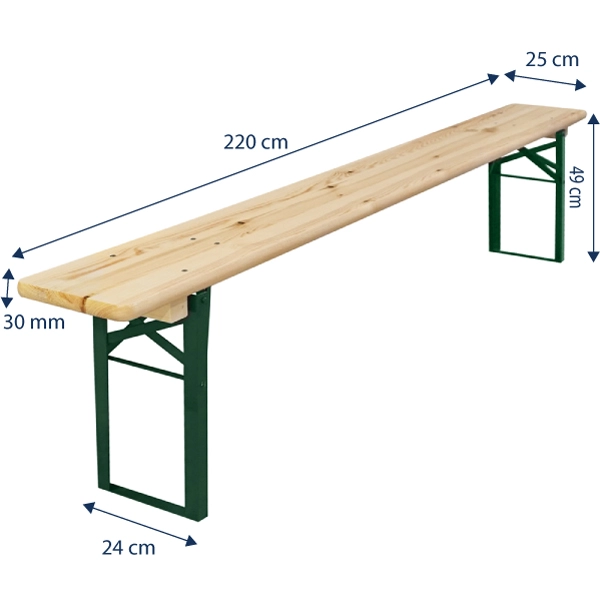 Chaque banc est de dimensions : 220cm de longueur, 25cm de largeur et 49cm de hauteur.